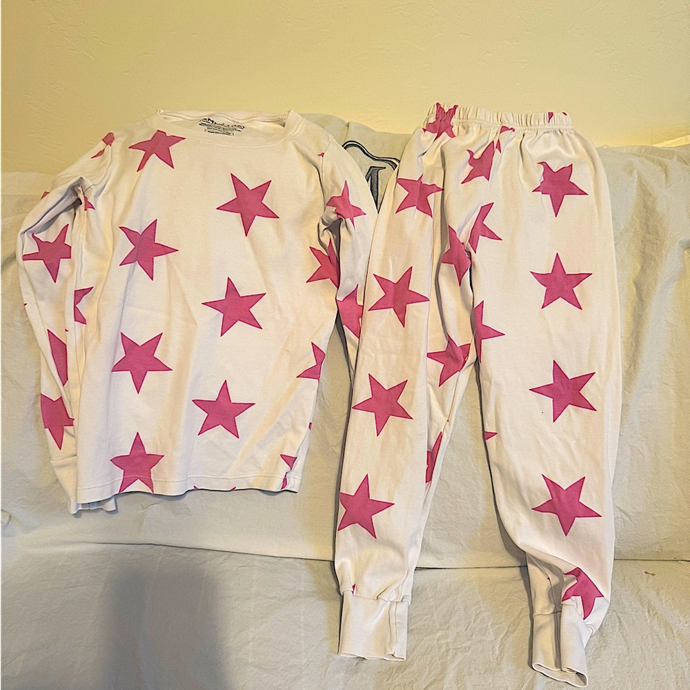 Sammy and Nat white and pink star pjs. Runs small, so listed as fit.